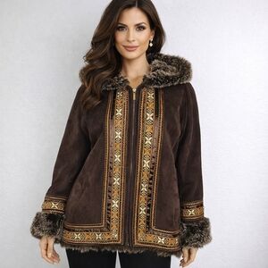 Womens Brown Coat Coldwater Creek Faux Suede & Fur Lined Embellished Coat Sz PL